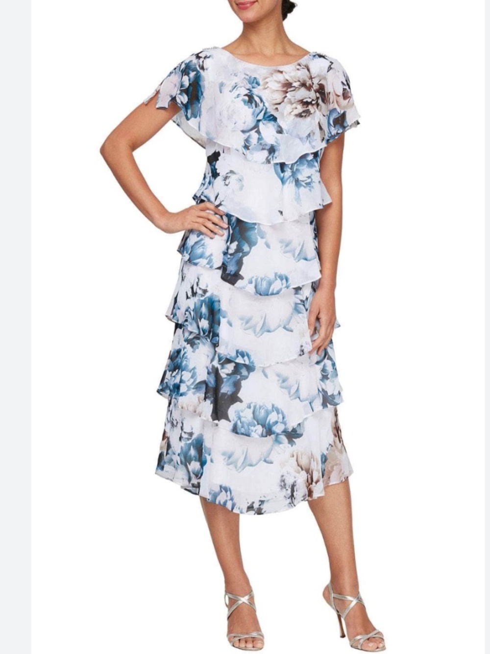 SLNY Short Sleeve Shimmered Floral Tiered Chiffon Cocktail Dress, Blue/Multi, 6